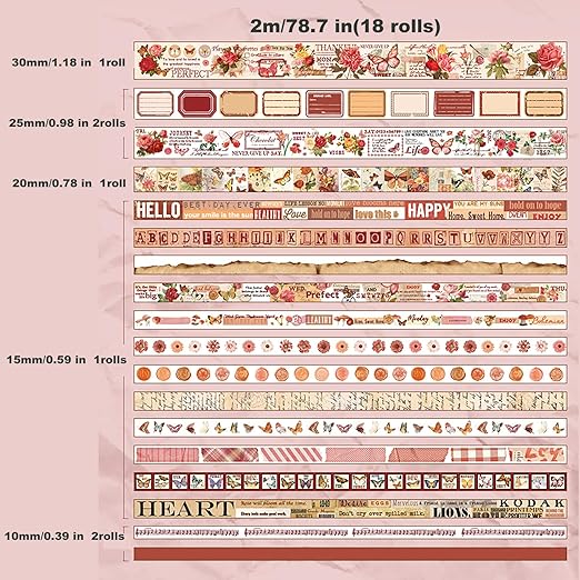 18 Rolls Washi Tape Set for Crafts and Journaling DIY Vintage Floral Tape - Image 4