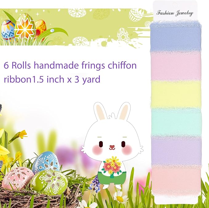 6 Rolls Handmade Fringe Chiffon Silk Ribbon 1.5" x 3 Yd Colorful Ribbon - Image 2