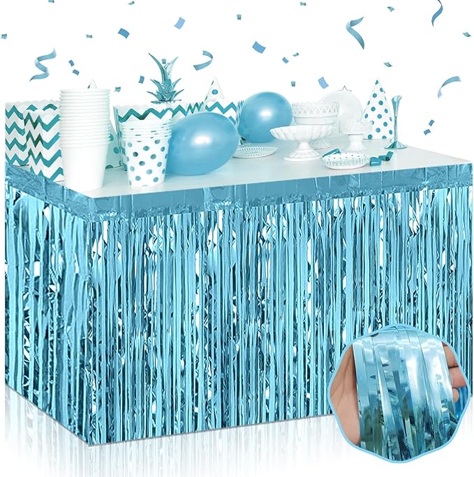 3 Pack 29 x108 Inch Light Blue Foil Fringe Table Skirts Metallic Banner by Mebiornt