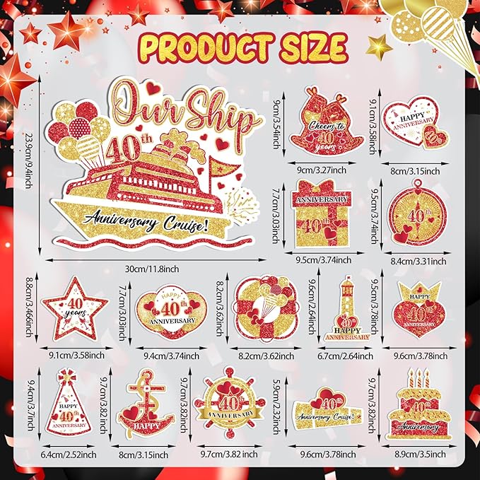 40th Anniversary Cruise Door Magnets Decorations Red Gold Happy 40th - Image 7