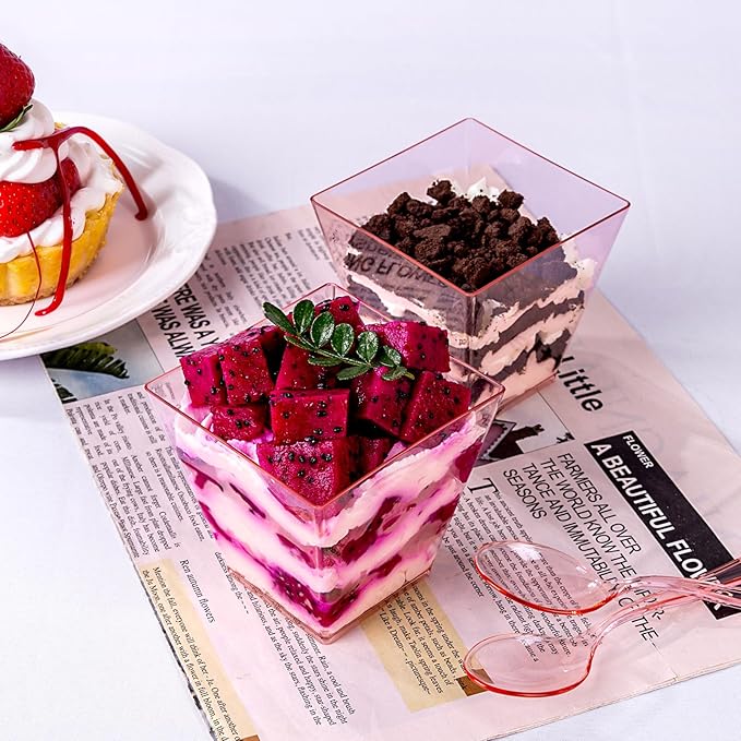 YOUBET 102 PCS Plastic Dessert Cups - 8oz Pink Clear Square Cups - 51 Pack Mini - Image 9