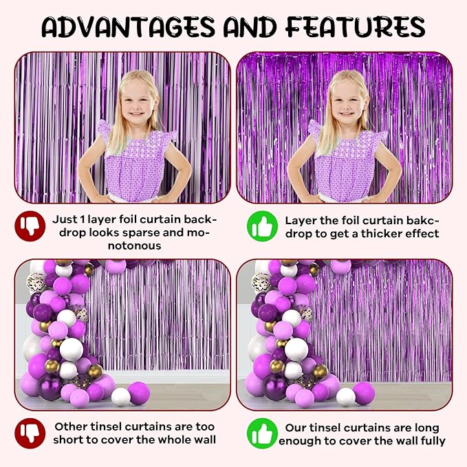 2 Pack Purple Foil Fringe Backdrop Curtains, Tinsel Streamers Birthday Party - Image 5