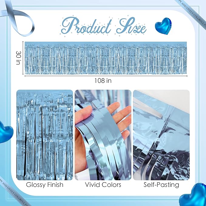 2 Pack Light Blue Lake Blue Table Skirts, 29x108" Metallic Foil Tinsel Fringe - Image 3