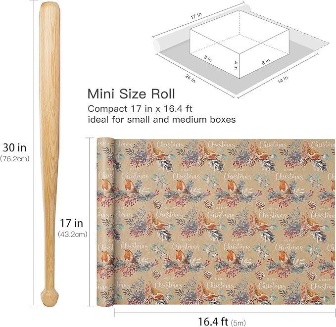 RUSPEPA Kraft Christmas Wrapping Paper Roll, Mini Roll, Vintage Bird on Pine - Image 7