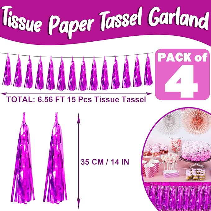 4P Rose Red Foil Fringe Metallic Tassel Streamers Banner Tassel Garland - Image 2