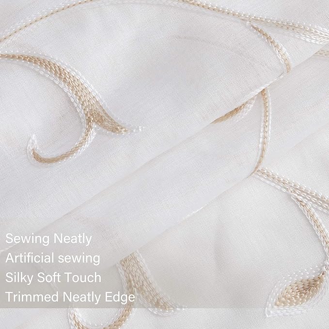 VISIONTEX White Sheer Voile Curtains, Decorative Beige Leaves Embroidery Faux - Image 4