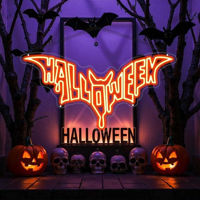 Halloween Bat Shaped Neon Sign Spooky Red LED Wall Decor - Image 2