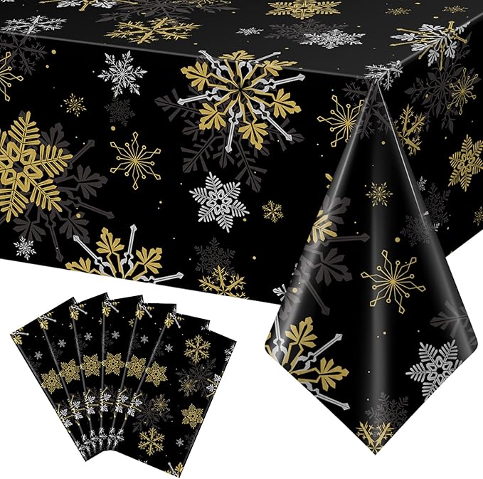 6Pcs Christmas Snowflake Party Tablecloths Decorations, Plastic Black and Gold by JectivsPartyDecorations