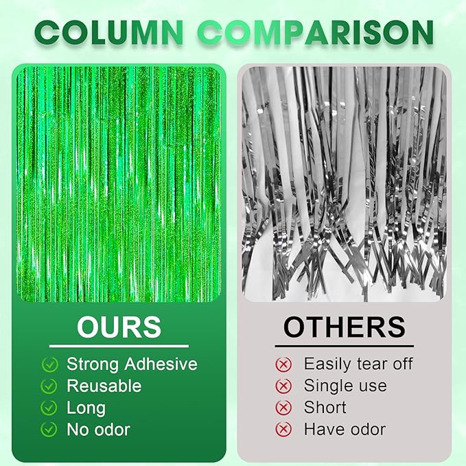 2 Pack Laser Green Tinsel Foil Fringe Curtains, Metallic Tinsel Party Streamers - Image 6
