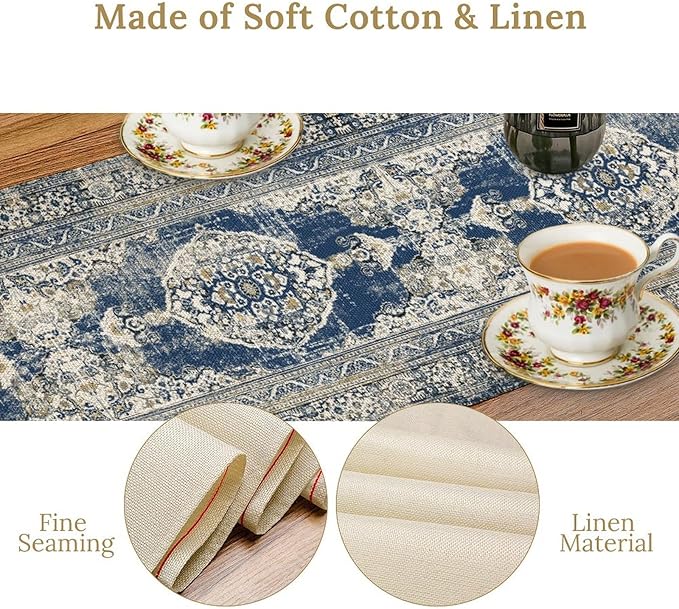 Vintage Boho Floral Table Runner, Rustic Country Farmhouse Blue Teal Retro - Image 6