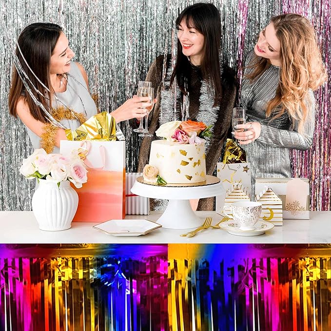 3 Pack 29 x108 Inch Rainbow Foil Fringe Table Skirts Metallic Banner - Image 6