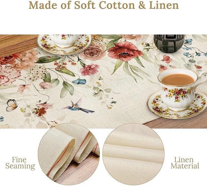 Rustic Floral Table Runner, Watercolor Flower Leaves Hummingbird Butterfly - Image 4