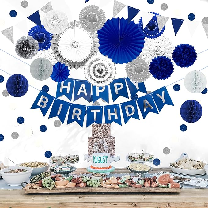 Navy Blue and Silver Happy Birthday Party Decoration 24Pcs Hanging Paper Fans - Image 7