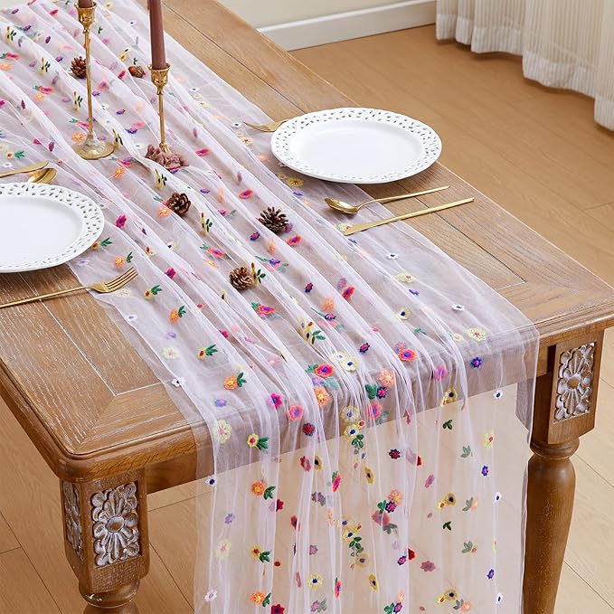 JIALE Pink Floral Table Runner, Embroidery Daisy Seasonal Table Decorations by JIALE