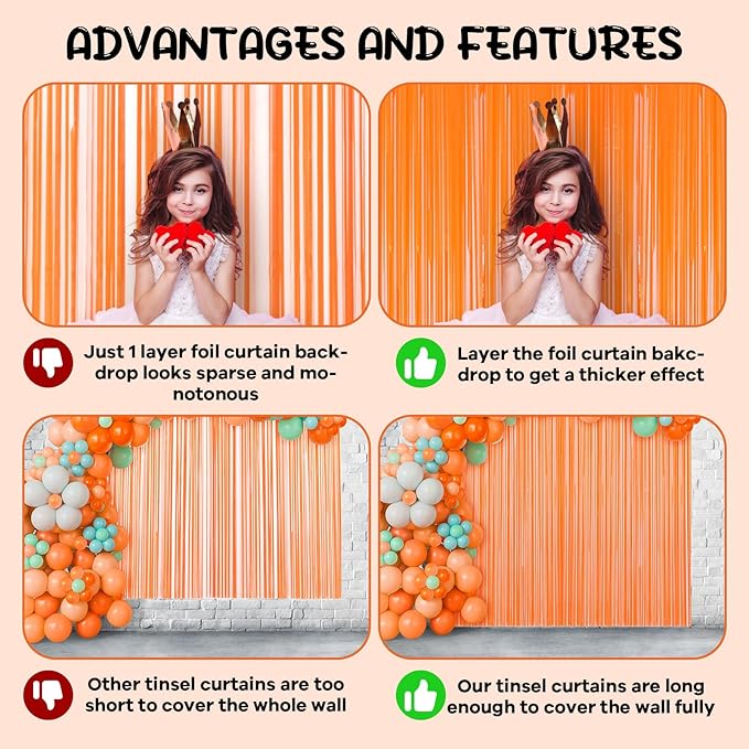 2 Pack Orange Foil Fringe Backdrop Curtains, Tinsel Streamers Birthday Party - Image 5
