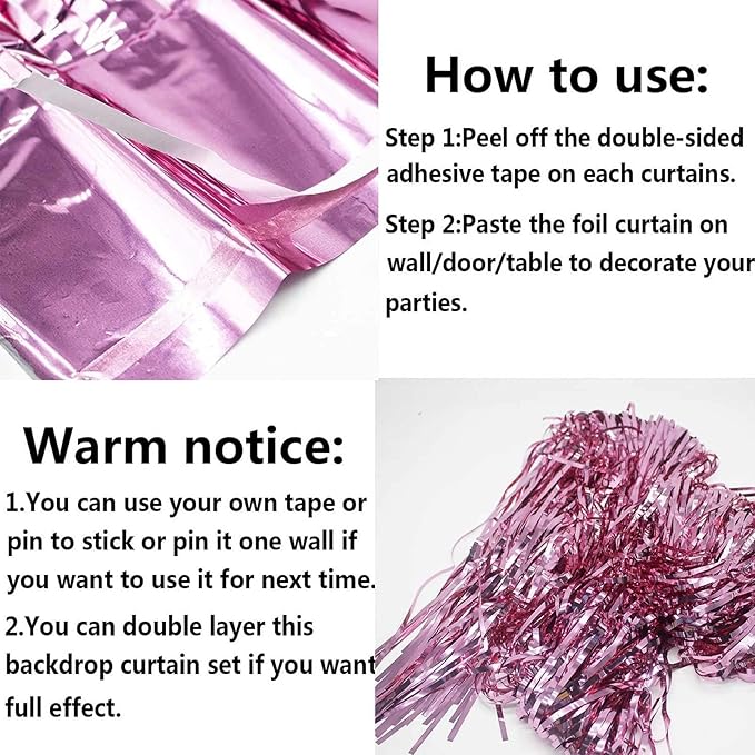 4 Pack Pink Foil Fringe Curtain Backdrop, 3.28Ft x 8.2Ft Metallic Tinsel Foil - Image 3