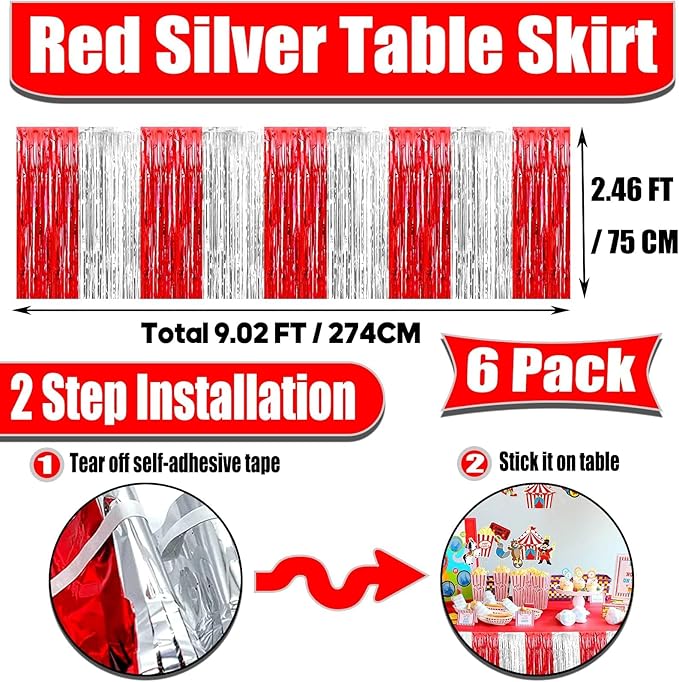 6 Pack 29x108 Inch Red Silver Metallic Foil Fringe Tinsel Table Skirts - Image 2