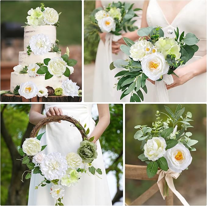 AmyHomie Green White Artificial Flowers Combo Silk Mix Peony Rose Fake Flowers - Image 3