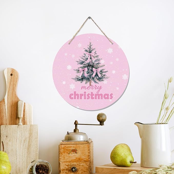 CGBHW Pink Christmas Wooden Sign, Coquette Aesthetic Christmas Tree Xmas Bows - Image 3