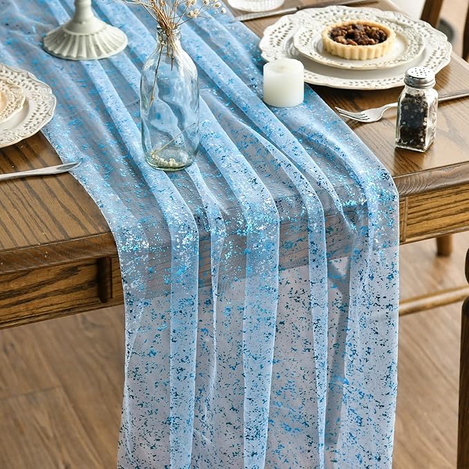 Artoid Mode 6PCS Light Blue Gauze Table Runner 120 Inch 10FT, Glitter Metallic by ArtoidMode