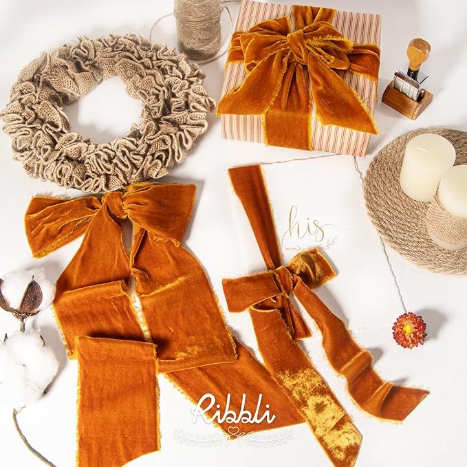Ribbli Terracotta Velvet Ribbon 1.5 Inch Handmade Frayed Vintage Burnt Orange - Image 4