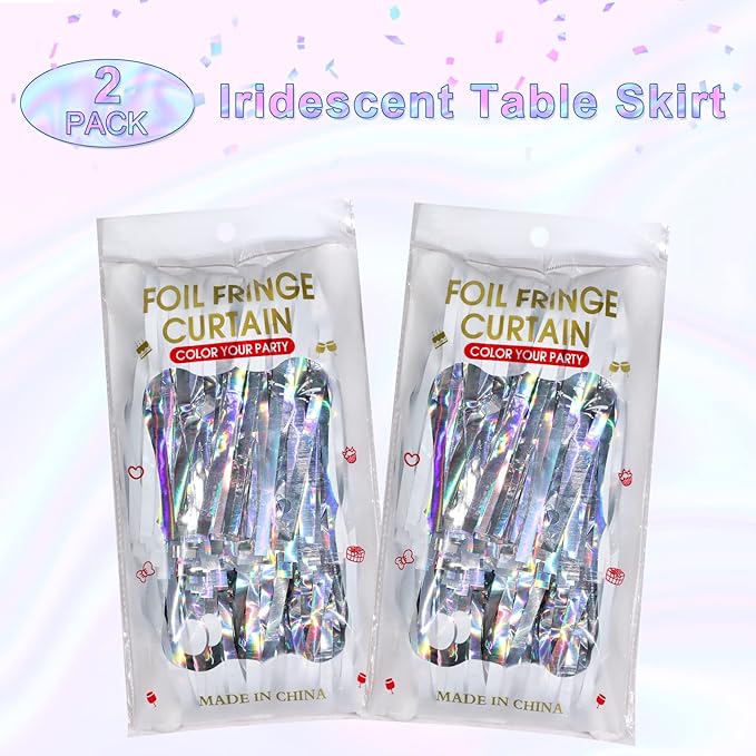 2 Pack Iridescent Table Skirt, Metallic Foil Fringe Tinsel Table Skirts - Image 3