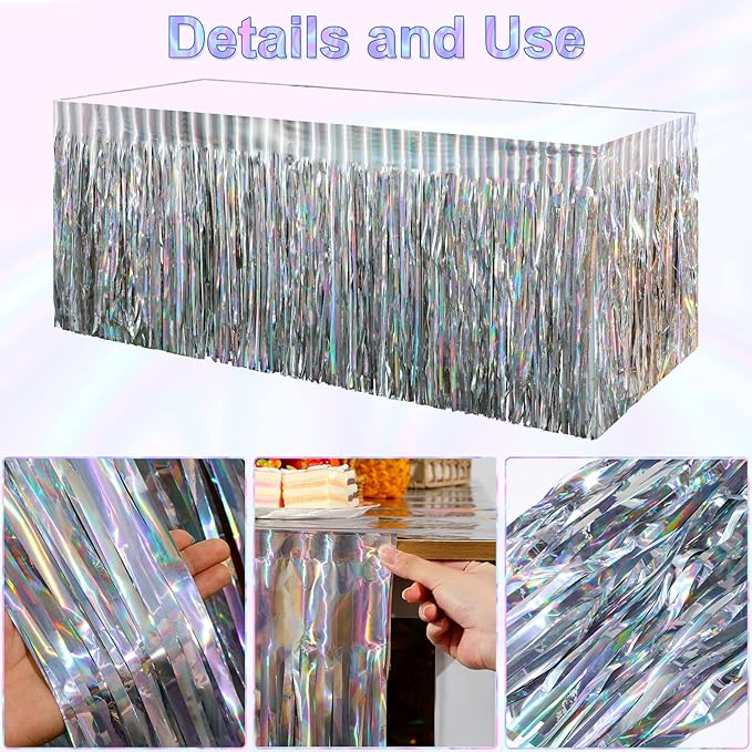 8 Pack Iridescent Table Skirt, Metallic Foil Fringe Tinsel Table Skirts - Image 4