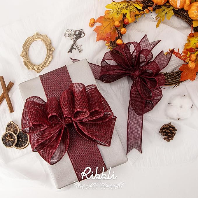 Ribbli Burgundy Burlap Wired Ribbon, 1-1/2 Inch x 10 Yard, Wired Edge Ribbon - Image 4