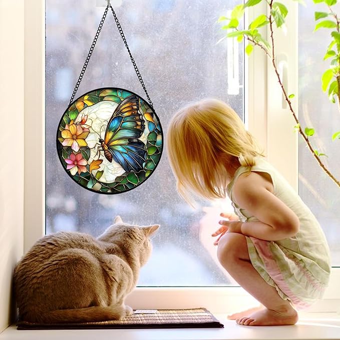 Stained Glass Window Hanging, Butterfly Flower Sun Catchers Diamond Glass Panel - Image 3
