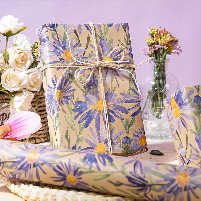 RUSPEPA Purple Daisy Floral Wrapping Paper, Watercolor Flower Kraft Paper - Image 5