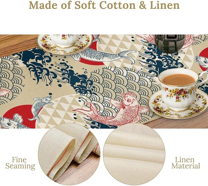 Japanese Table Runner Oriental Tradition Kio Fish Art Printed Burlap Runner - Image 4