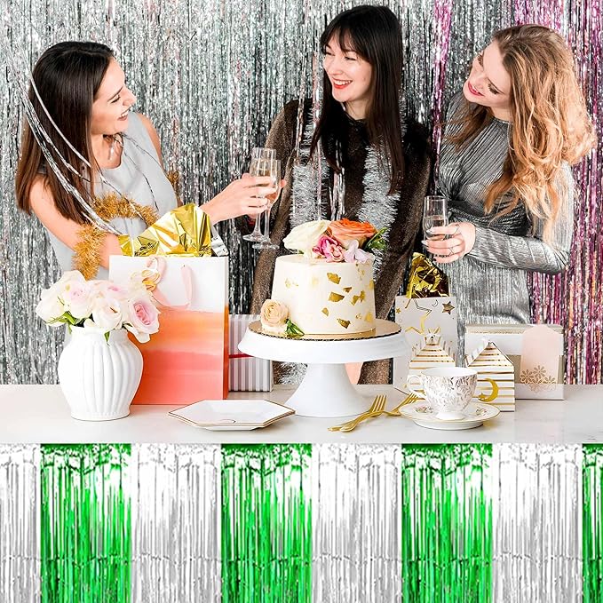 3 Pack Silver Green Foil Fringe Table Skirts Metallic Tinsel Streamers Garland - Image 5