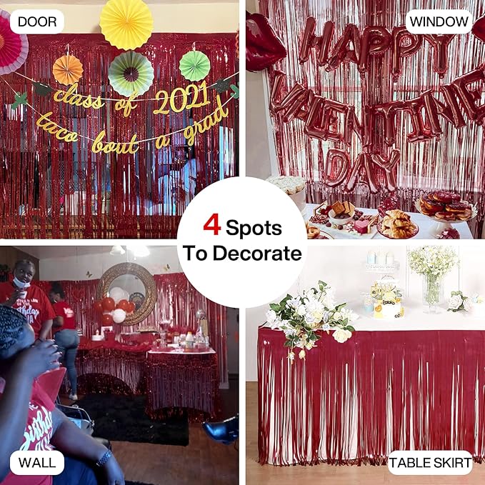 PartyWoo Red Streamers Fringe Curtain Backdrop 2pcs 8.2 ft Red Tinsel Foil - Image 5