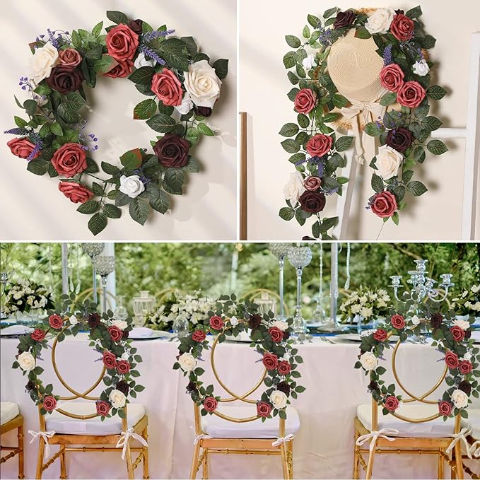 5FT Artificial Rose Flower Burgundy Fake Floral Garland - Image 3