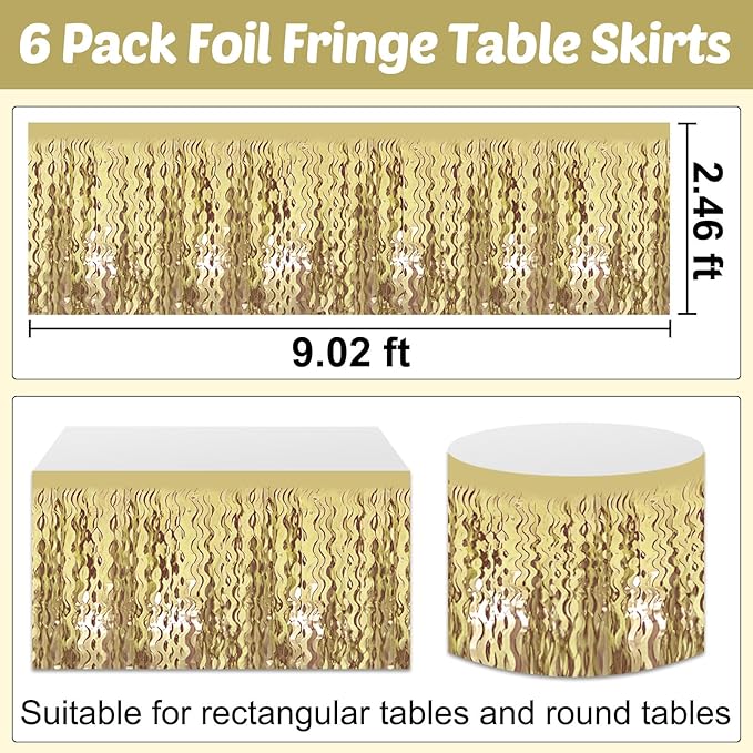 6 Pack 29x108 Inch Light Gold Wave Foil Fringe Table Skirts Metallic Banner - Image 2