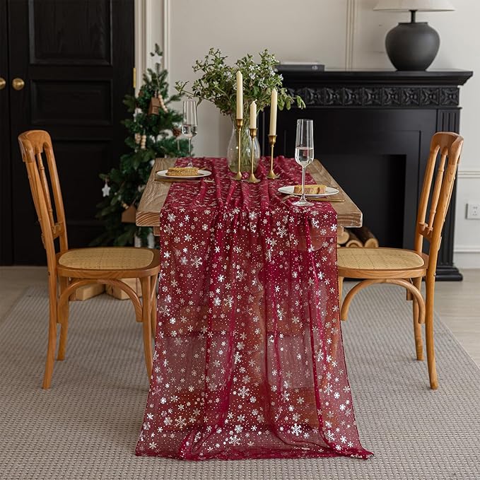 Silvery Snowflake Metallic Print Tulle Christmas Table Runner, Seasonal Winter by Gzcvba