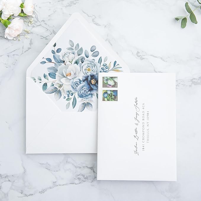 PONATIA 50PCS A7 Euro Flap White Envelope, 5.25 x 7.25'' Dusty Blue Flowers - Image 4