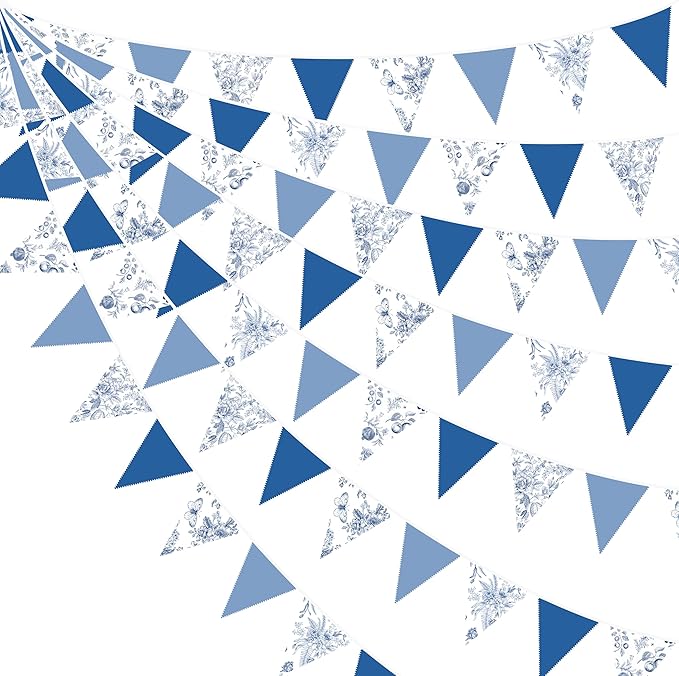 32Ft Blue Floral Party Decorations Vintage Blue White Flower Pennant Banner by pinkblume
