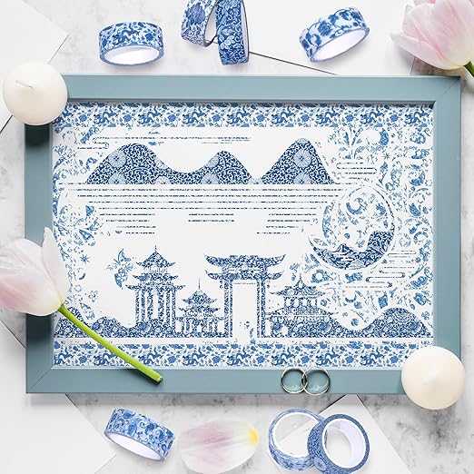 Whaline 12 Rolls Blue Floral Washi Tape Chinoiserie Flower Washi Tape Vintage - Image 7
