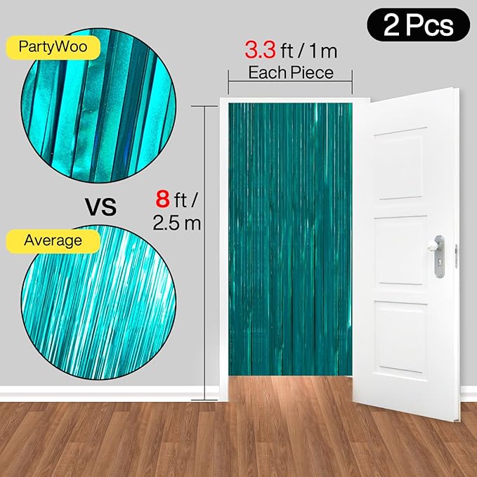 PartyWoo Foil Curtain 2 pcs, 3.3x6.6 ft Metallic Peacock Blue Tinsel Curtains - Image 6