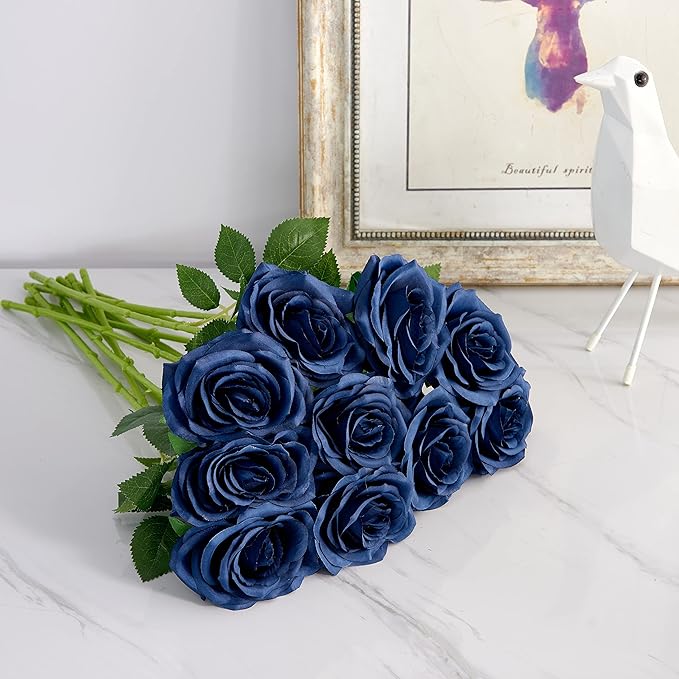 Artificial Rose 10pcs Open Flower Bouquet Navy Blue Faux Rose Stems - Image 5