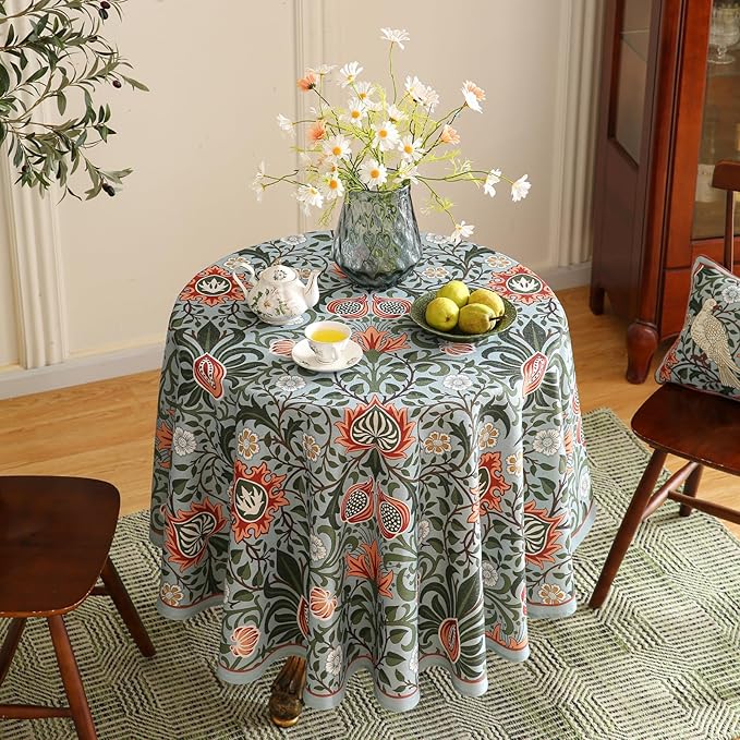 ISAENNE Designer Bohemian Linen Green Small Round Tablecloth, Floral Indoor - Image 8