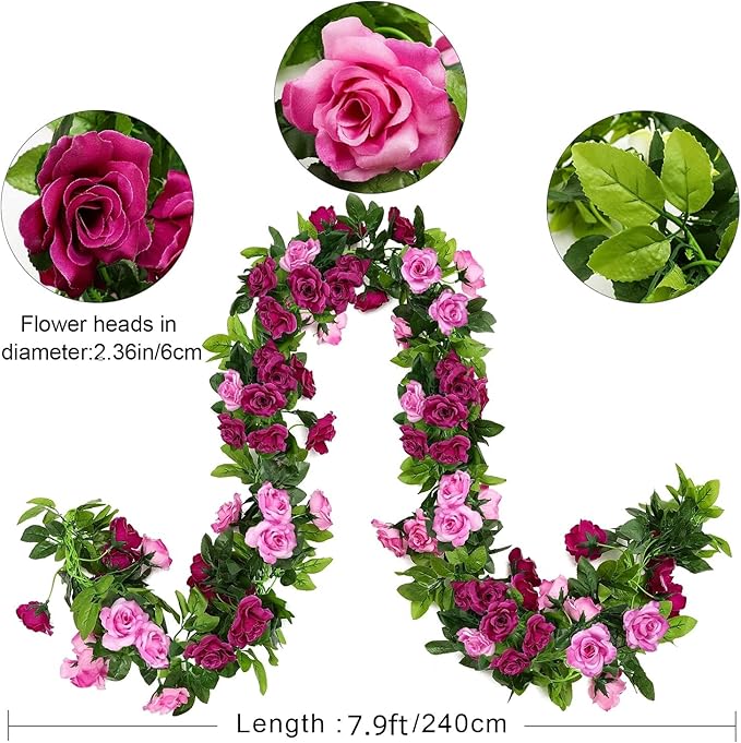 JUSTOYOU 2 Pack Fake Rose Garland, Artificial Rose Vines Flowers Hanging Silk - Image 2