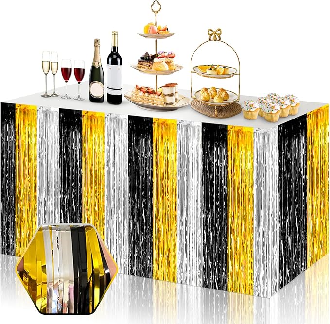 3 Pack 29 x108 Inch Black Gold Silver Foil Fringe Table Skirts Metallic Banner by Ferwzsr