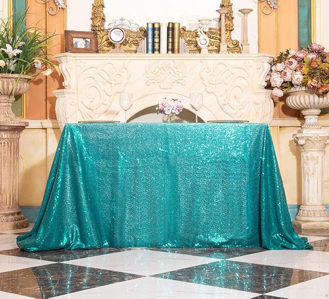 SquarePie Sequin Tablecloth Rectangular 60 x 102 Inch Teal Reflect Lights Bling - Image 8