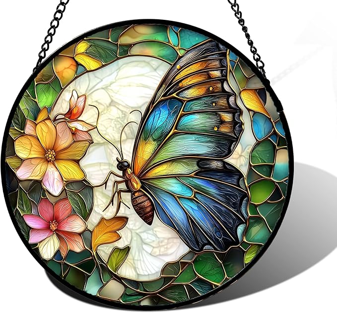 Stained Glass Window Hanging, Butterfly Flower Sun Catchers Diamond Glass Panel by DASTOLL