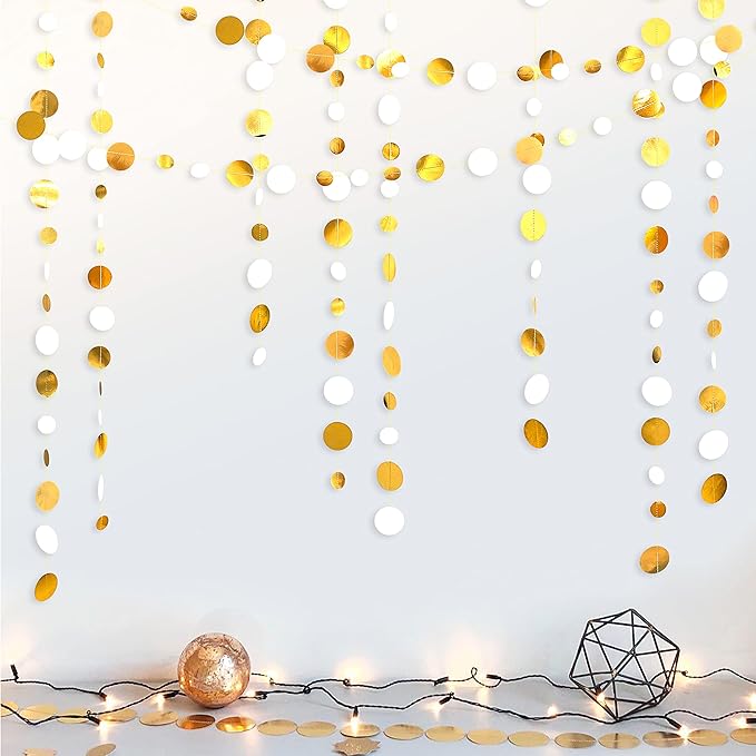46 Feet White and Gold Circle Dots Garland Hanging Paper Polka Dots Streamer - Image 5