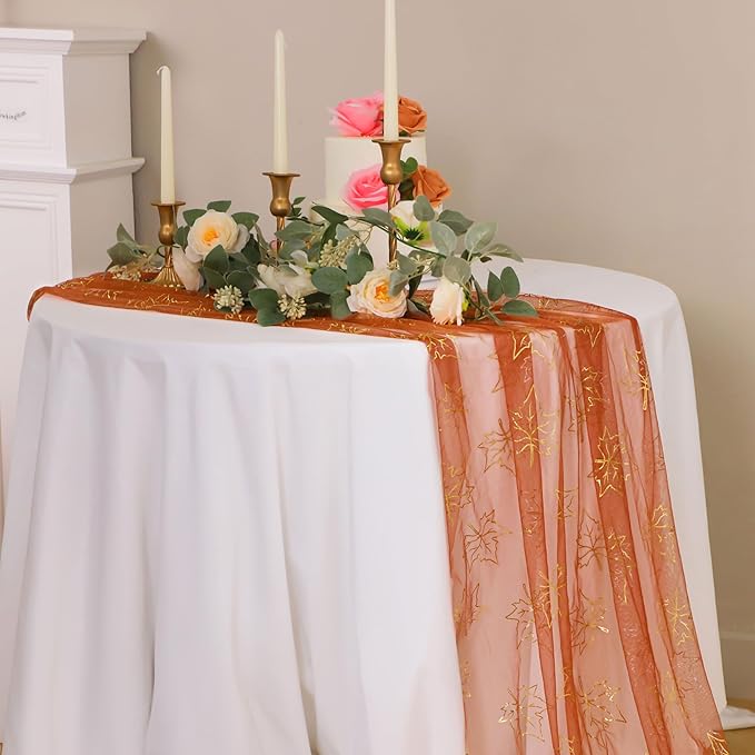 Snowkingdom Terracotta Gold Table Runner 10Ft, Fall Glitter Dining Table - Image 4