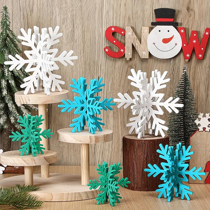 Bucherry 12 Pcs Wooden Snowflake Table Decor 3D Snowflake Tabletop Signs and by Bucherry
