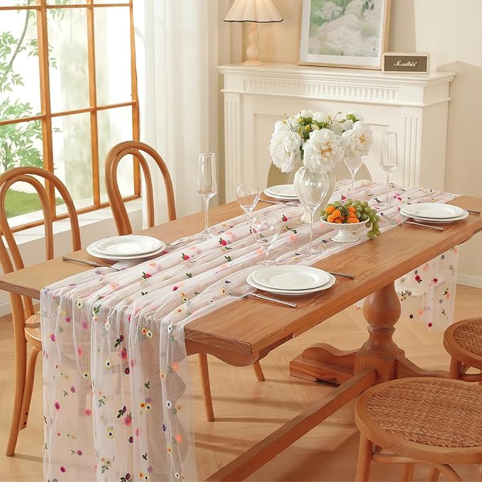 Champagne Embroidery Daisy Fall Table Runner 120Inch 10FT Florals Soft Sheer - Image 6
